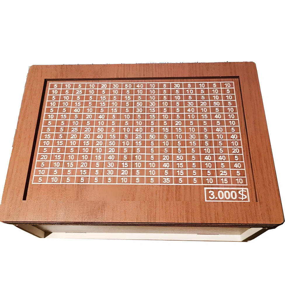 Wooden piggy bank with coin counter and side opening mechanism measuring 20cm