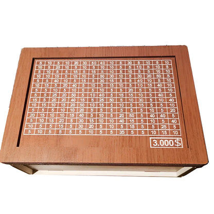 Wooden piggy bank with coin counter and side opening mechanism measuring 20cm