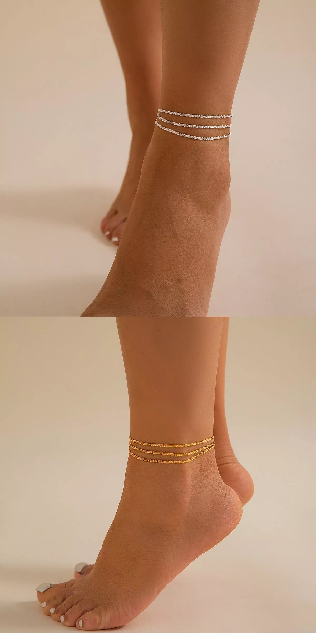 Slim chain metallic anklet in gold and white with wave design