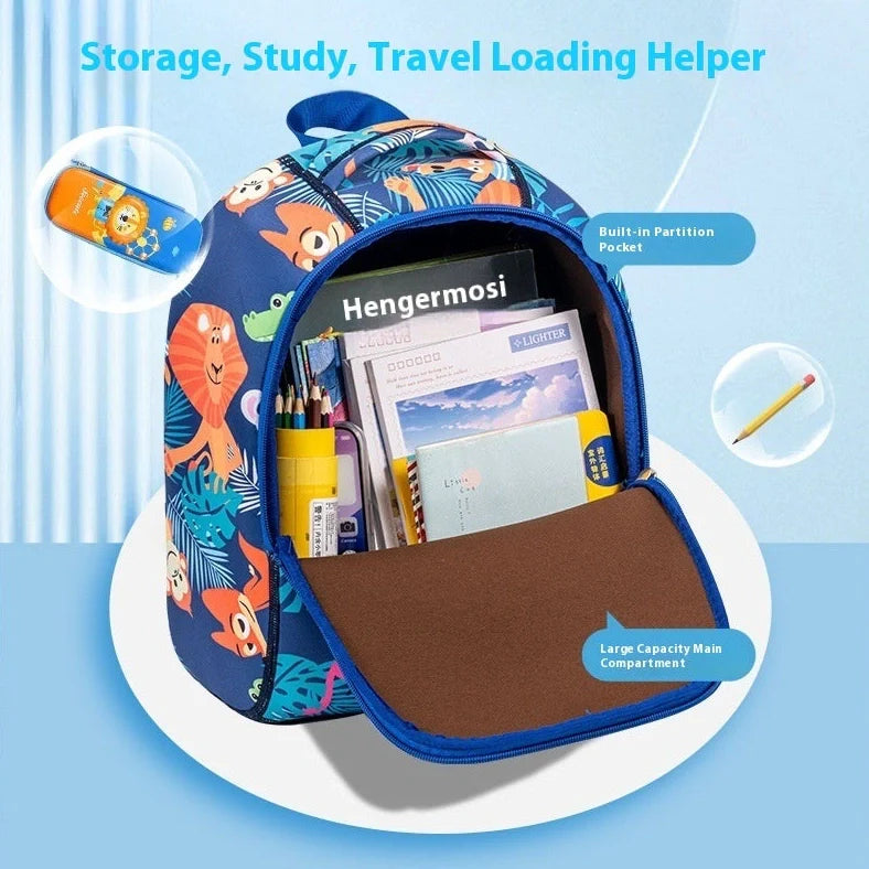 Children's schoolbag with air pillow belts showing forest animal pattern in royal blue colour