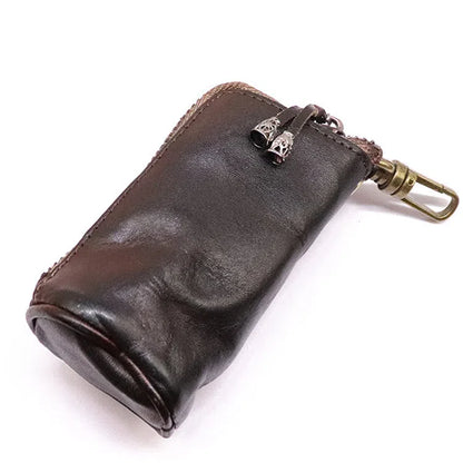 Men's waist-hanging key case in full-grain cowhide genuine leather with distressed finish, available in five solid colours