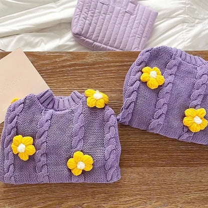 Purple floral print knitted dog jumper shown in size L with 35cm back length for dogs 4.00kg-5.00kg
