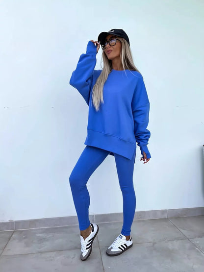 Women's casual sweater suit with long sleeve crew neck top and tight trousers in various colors