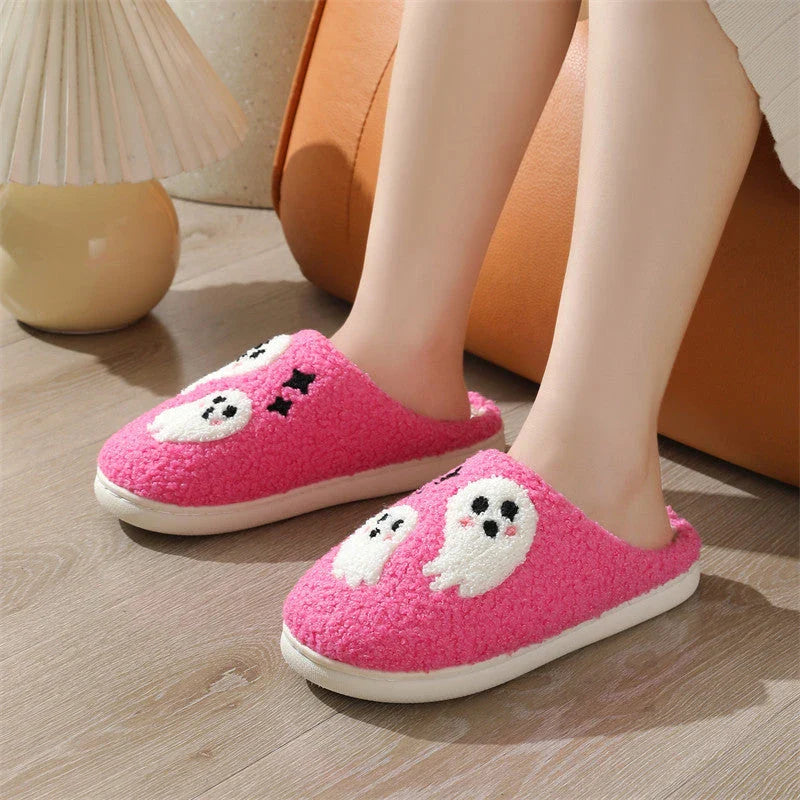 Cozy Halloween ghost slippers for women with soft cotton construction and non-slip rubber soles