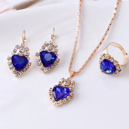 Elegant water drop rhinestone necklace, earrings, and ring set in various colors