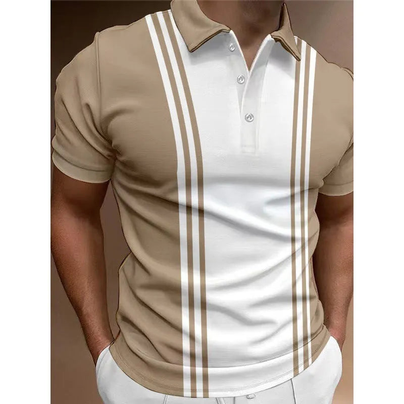 Men's loose fit casual t-shirt with a 3-button printed lapel and short sleeves in blue.
