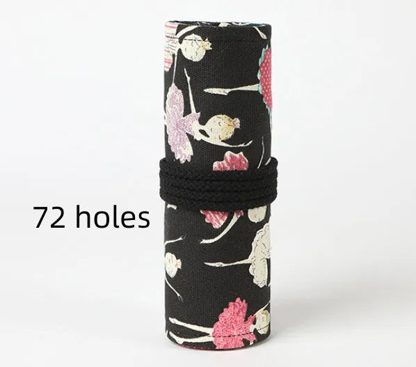 Canvas rolling pencil case with ballet girl print showing elastic loops for pencil storage