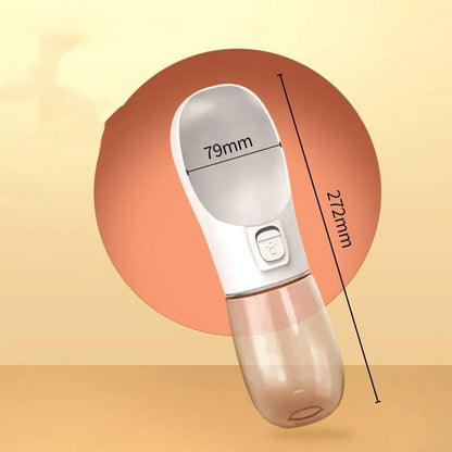 Portable pet water bottle and feeding bowl made of durable, BPA-free plastic with a leak-proof design and large opening for easy drinking and refilling