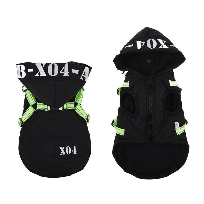 Red fleece-lined waterproof dog winter jacket with hood shown on medium-sized dog