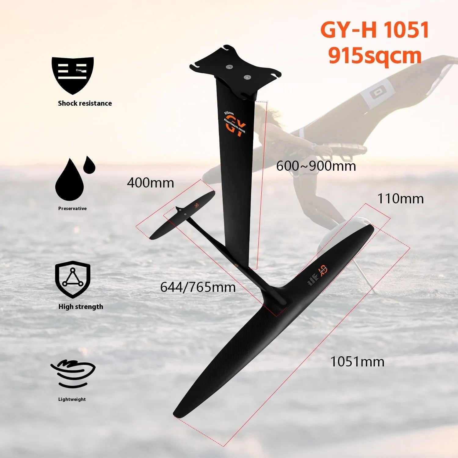 Black carbon fibre and aluminium racing hydrofoil for surfing with large front wing