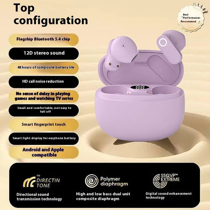 Sports ear hook Bluetooth headset in Black, skin colour, or Violet with 4-8 hour battery, noise reduction, and in-ear plastic design.