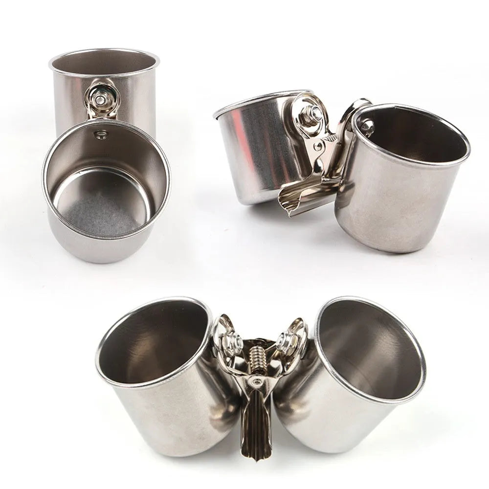 Stainless steel bird feeder outdoor food container in natural metal finish.