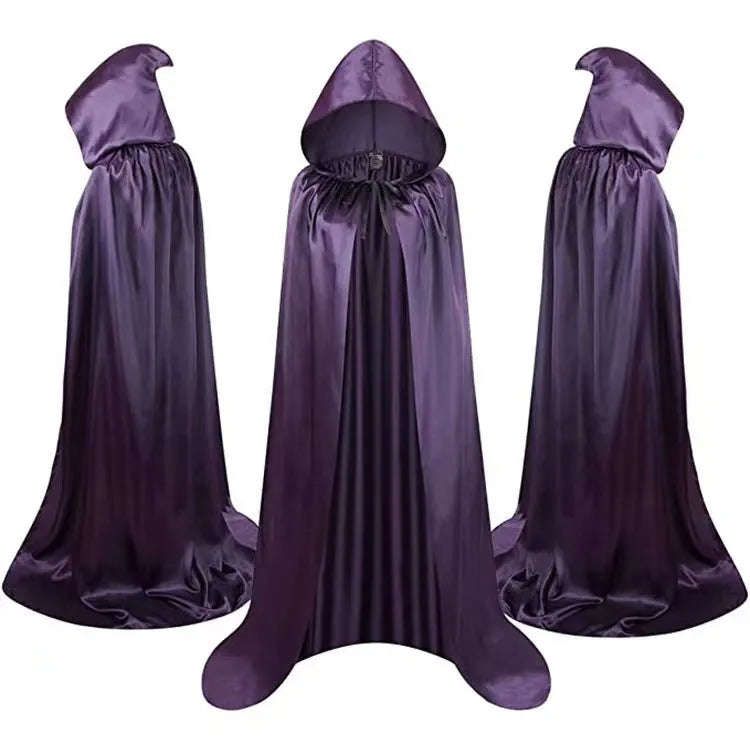 Children's black satin hooded cloak for Halloween wizard or witch costume with gold and purple colour options