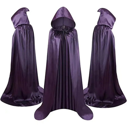 Children's black satin hooded cloak for Halloween wizard or witch costume with gold and purple colour options
