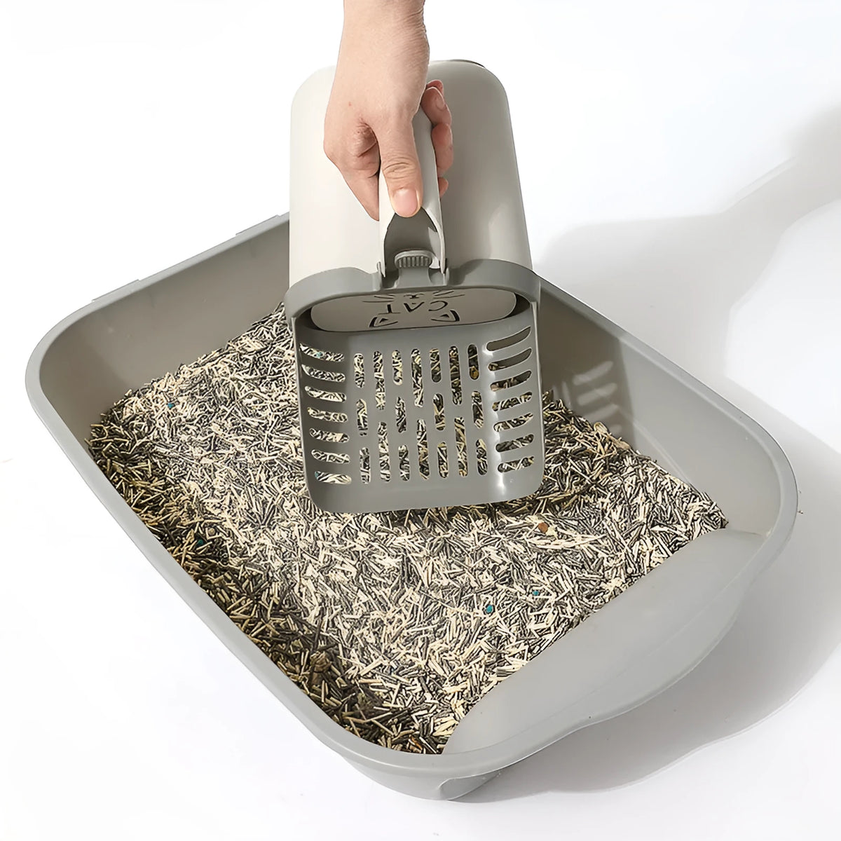 Integrated PP plastic cat litter scoop with built-in waste storage box, small size shovel for cat litter cleaning