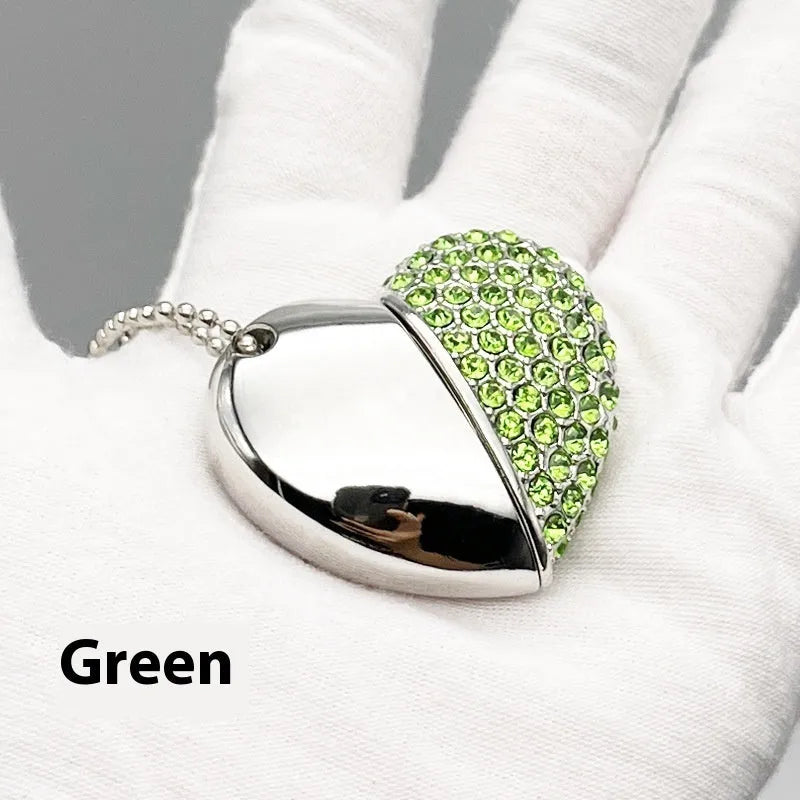 Heart-shaped metal USB flash drive with a brick-patterned surface in multiple colour options.