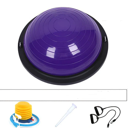 Blue Pilates exercise ball with inflation pump and storage accessories for home fitness