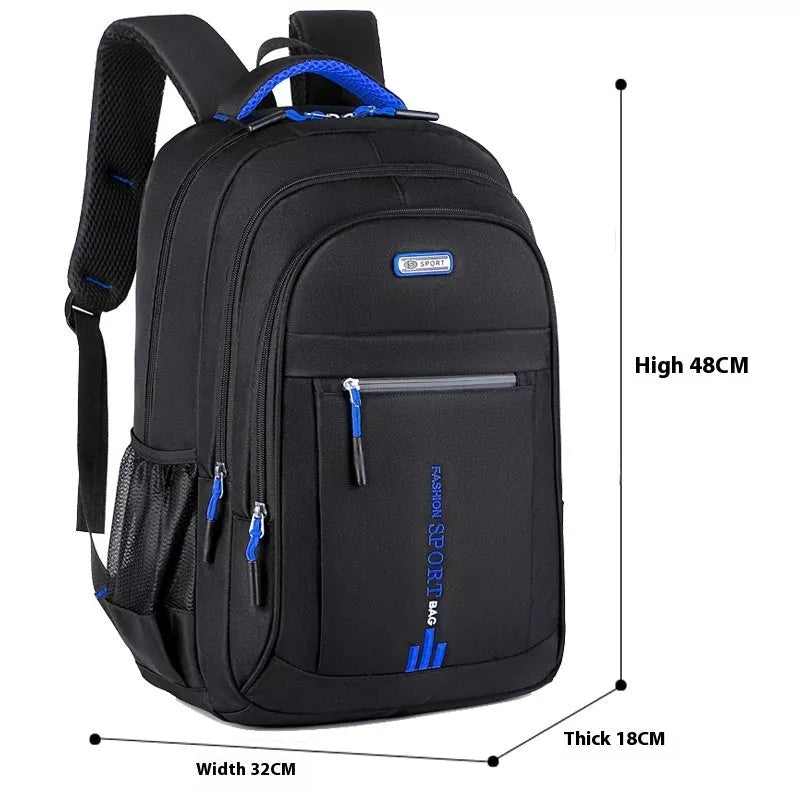 Men's large capacity nylon computer backpack with air pillow belt in green, blue, black, or orange
