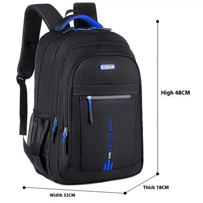 Men's large capacity nylon computer backpack with air pillow belt in green, blue, black, or orange