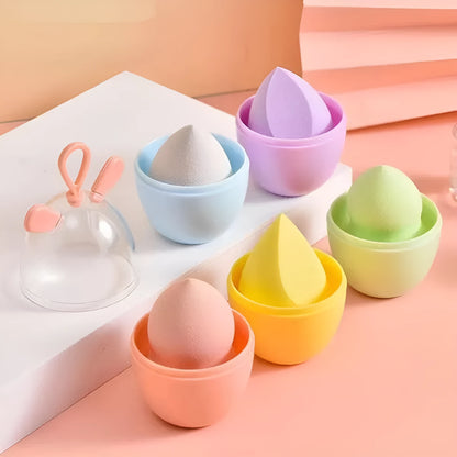 Non-latex dual-use makeup sponge in teardrop, beveled, and gourd shapes, available in ten colours