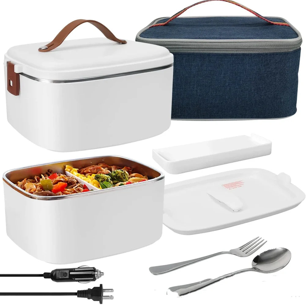 White car heating lunch box with stainless steel interior showing power cords and utensils