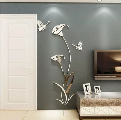 Lily 3D stereo acrylic wall stickers showing size variations and colour options including metallic finishes