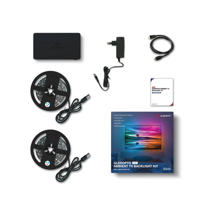 HDMI SYNC computer TV ambience lighting kit with junction box, 2m RGB LED strip, and cables.