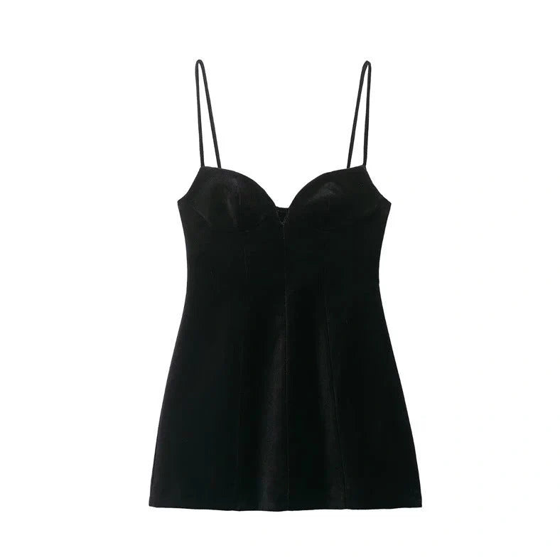 Black women's hooded dress with flared irregular hem, thin straps, and shirring detail on mercerised cotton knitted fabric
