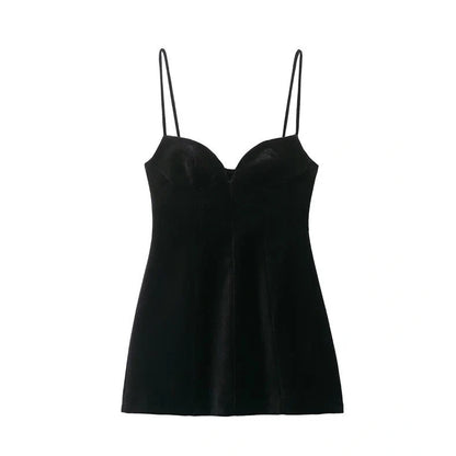 Black women's hooded dress with flared irregular hem, thin straps, and shirring detail on mercerised cotton knitted fabric