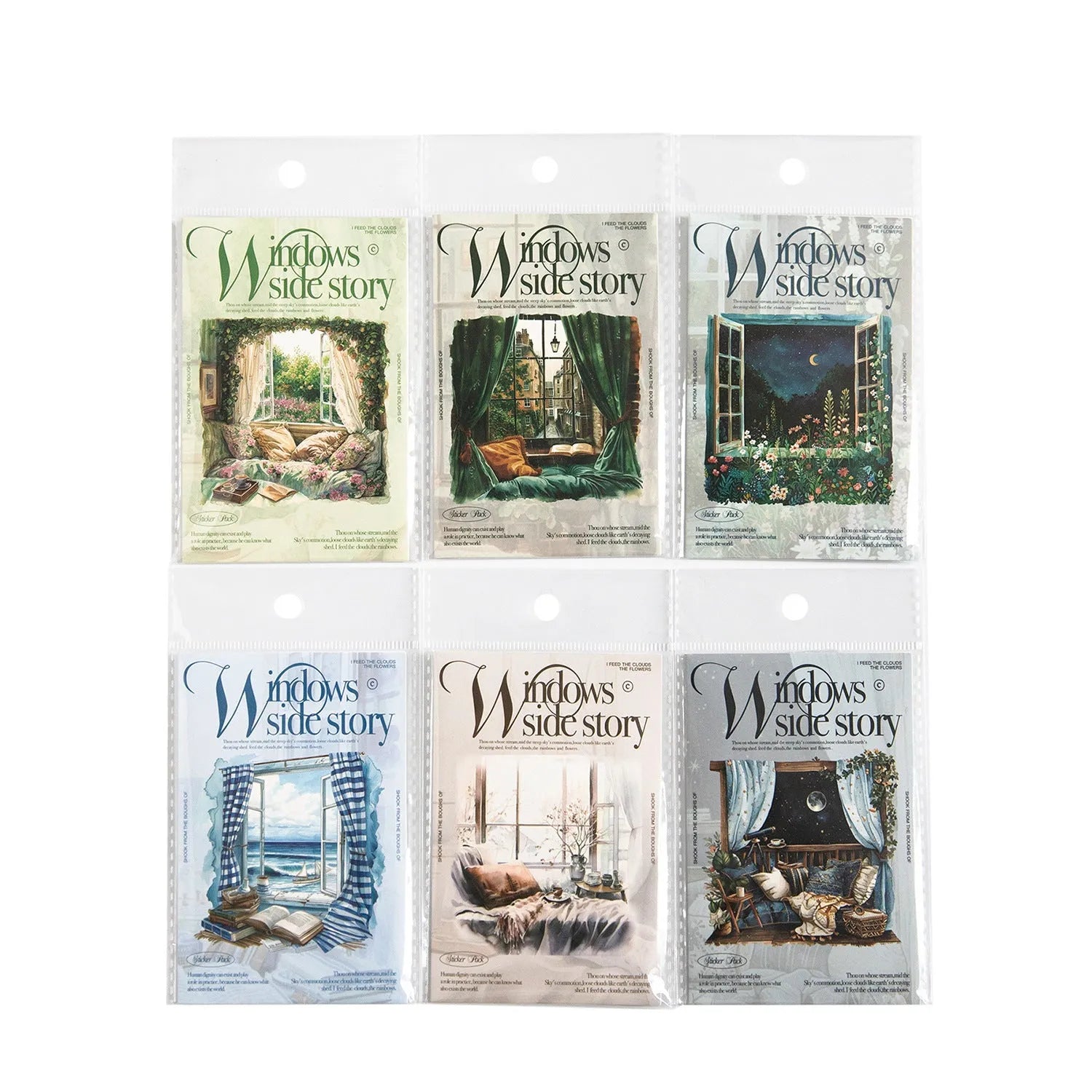 Set of six retro-style decorative vinyl stickers for journals, featuring floral, seaside, and window designs.
