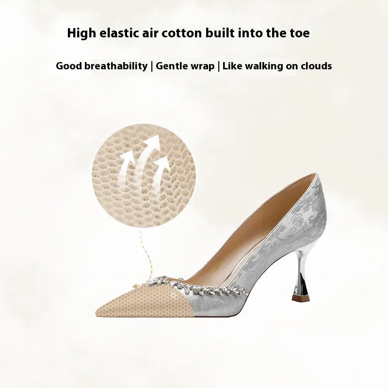 Chinese style wedding shoes with satin upper, rhinestone decoration and slip-on closure in champagne colour
