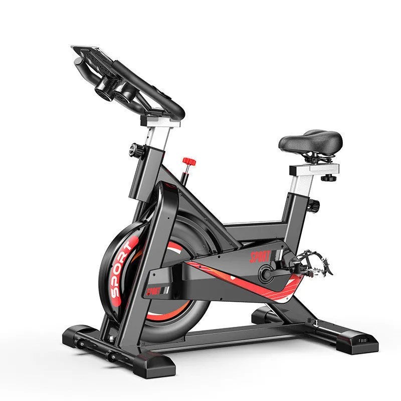 Black upright spinning bike with silent operation, infinite resistance adjustment, and display for distance, time, speed, and calories