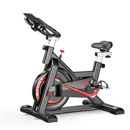 Black upright spinning bike with infinite resistance display for silent home fitness tracking distance and calories