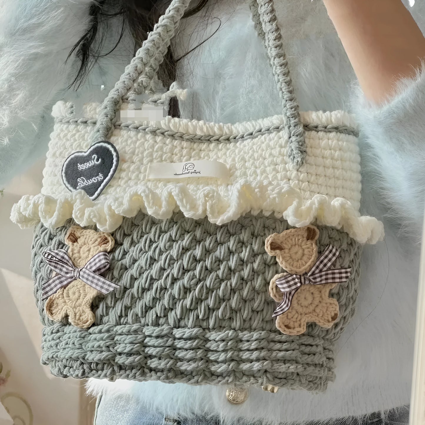 Wool crocheted bear design cloth shoulder bag with wooden handle
