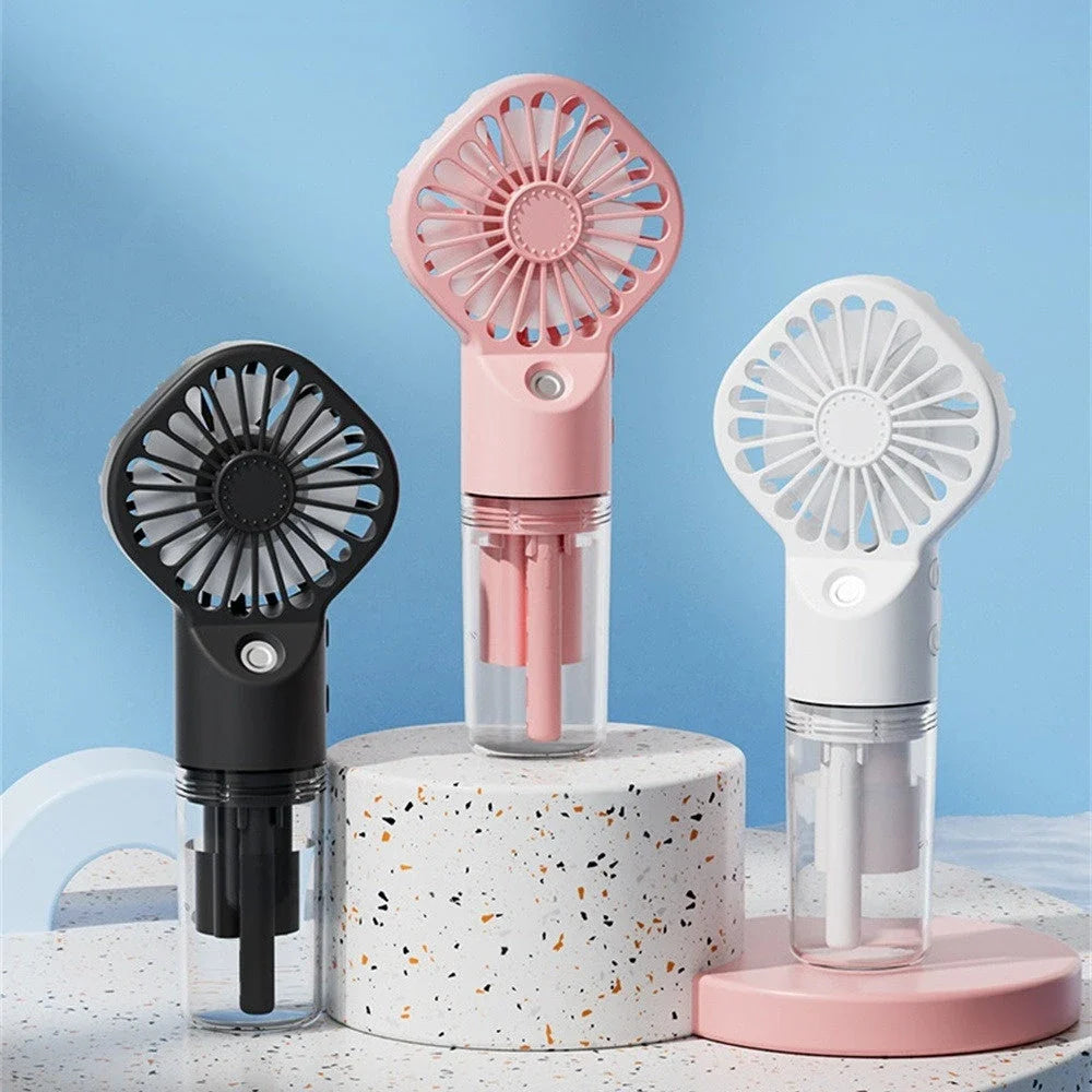 Powerful portable mist fan with four-speed settings, built-in humidifier, and compact design for convenient cooling and hydration
