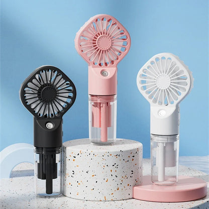 Powerful portable mist fan with four-speed settings, built-in humidifier, and compact design for convenient cooling and hydration