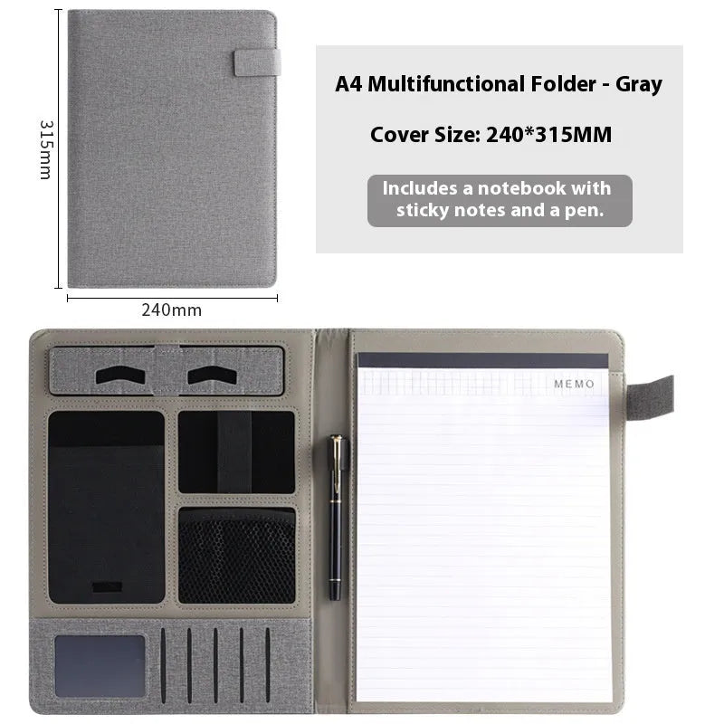 Leather A4 business folder showing 35mm thickness and 325x250mm dimensions with optional pen and notepad accessories