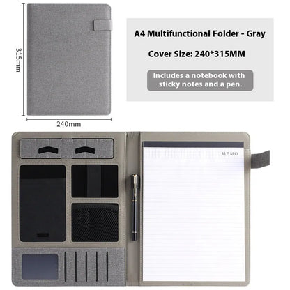 Leather A4 business folder showing 35mm thickness and 325x250mm dimensions with optional pen and notepad accessories