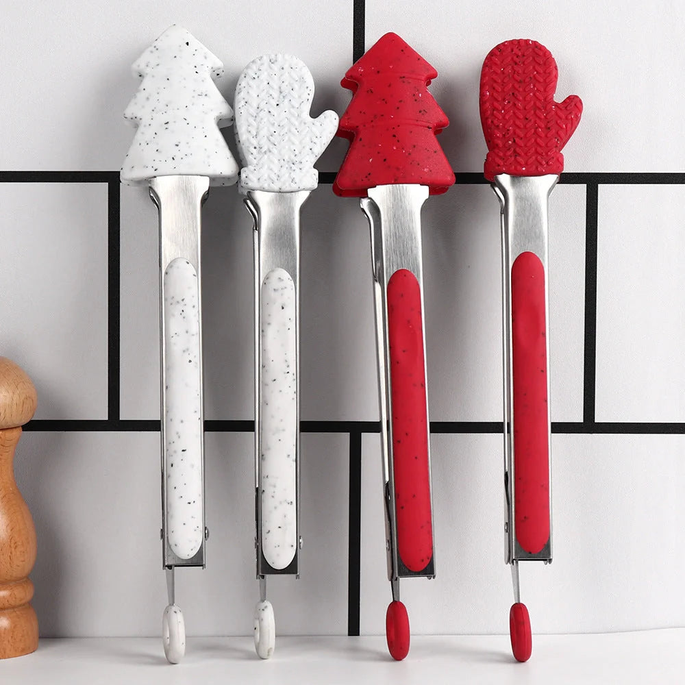 Christmas-themed silicone kitchen tongs set with locking clip for BBQ and bread