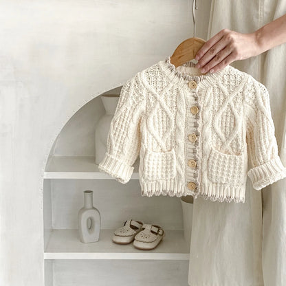 Girls' apricot white cotton knitted coat with round neck, shown in various height sizes from 66cm to 100cm