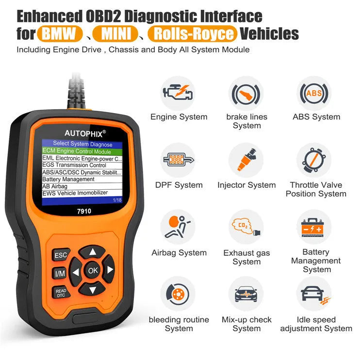 Autophix 7910 BMW full system diagnostic tool with OBD2 connector and display screen