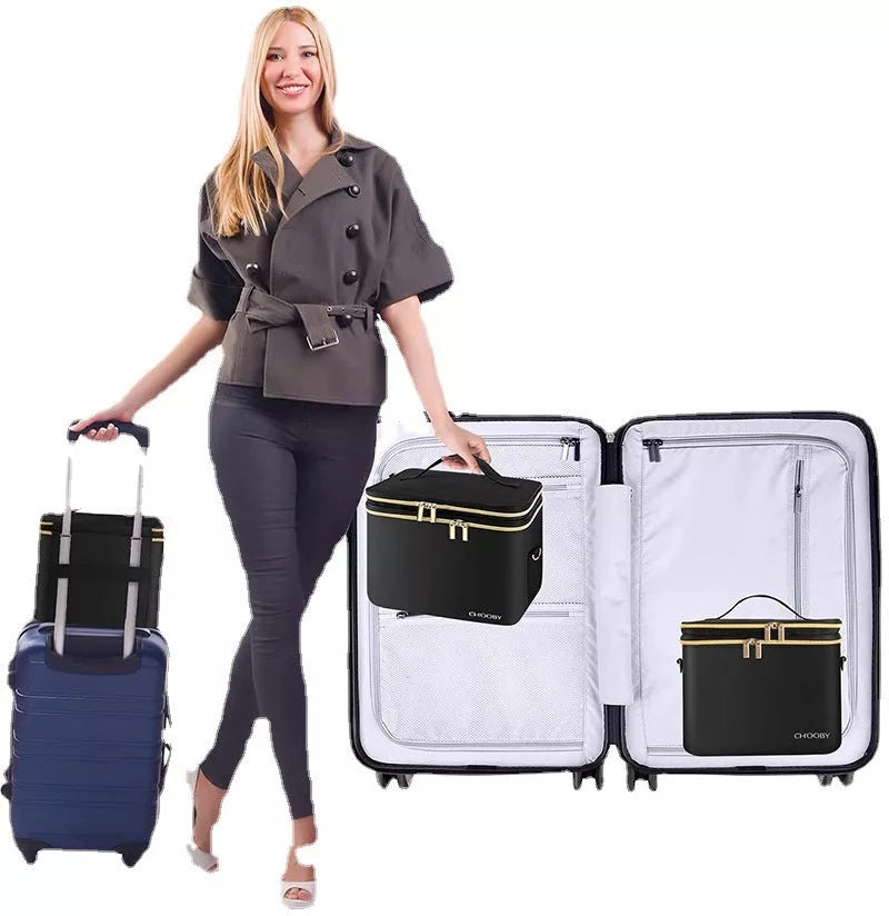 Double layer waterproof cosmetic bag in black with zippered pockets for organized storage