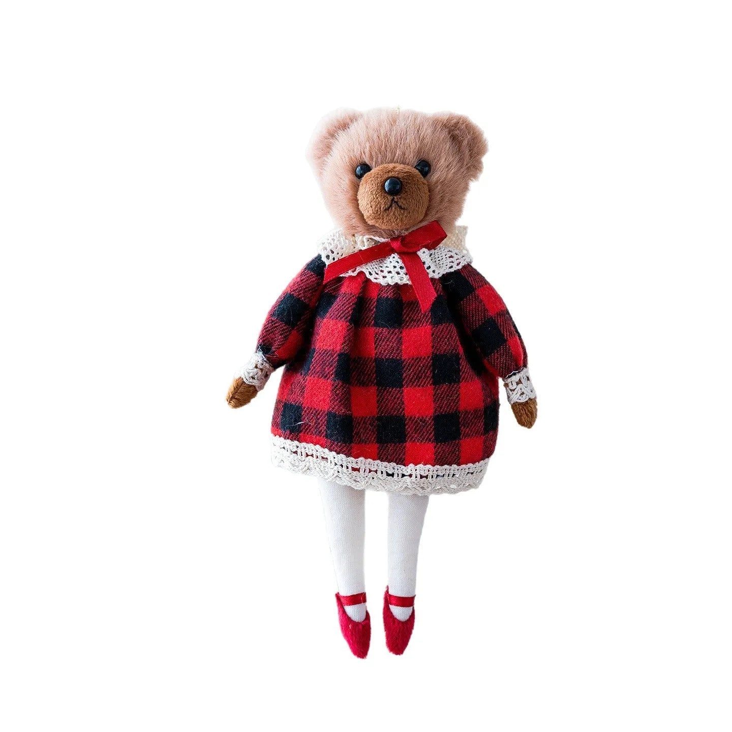 A cartoon-style plush bear doll in a cloth suit plaid design, shown in gentleman bear and princess bear variants.