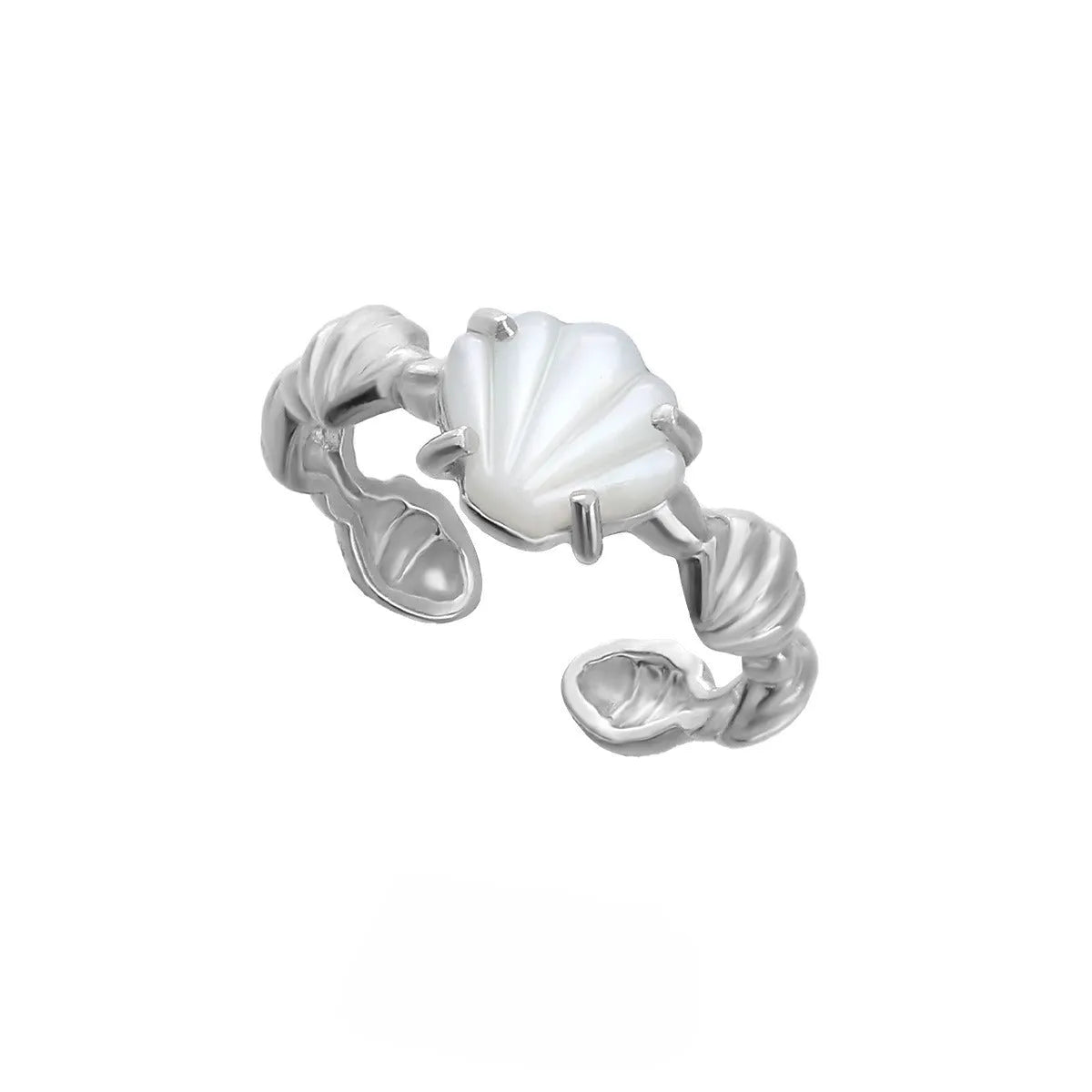 Adjustable silver women's ring with shell and tiger eye stone accents in electroplated 18K gold or white gold finish