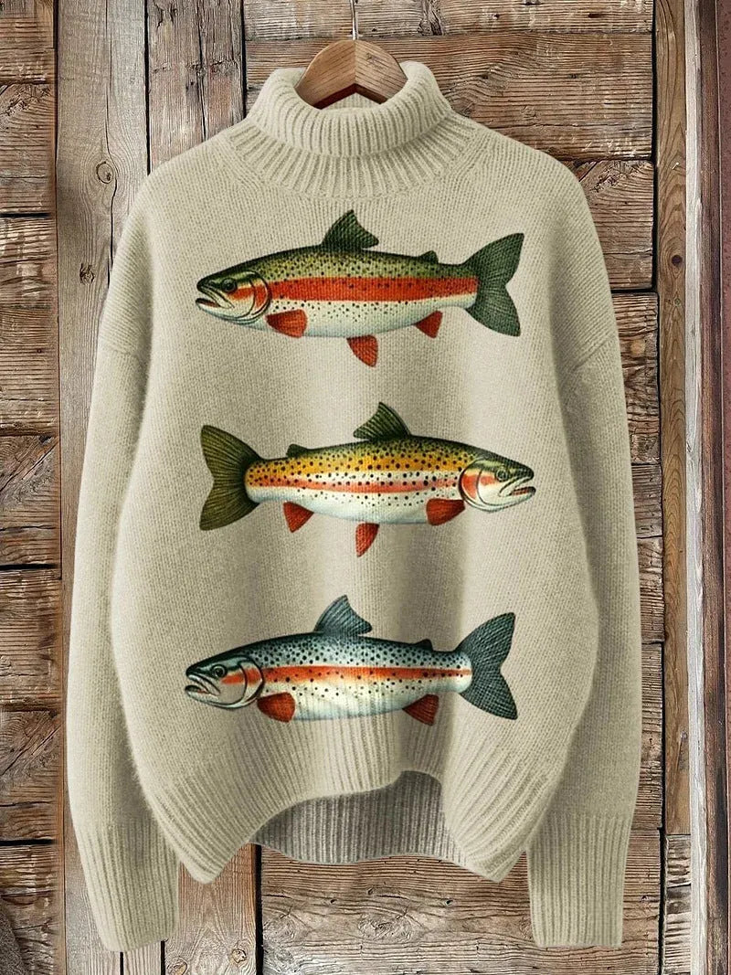 Women's Christmas printed turtleneck sweater with painting pattern and macaron colours, loose fit design