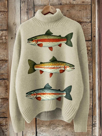 Women's Christmas printed turtleneck sweater with painting pattern and macaron colours, loose fit design