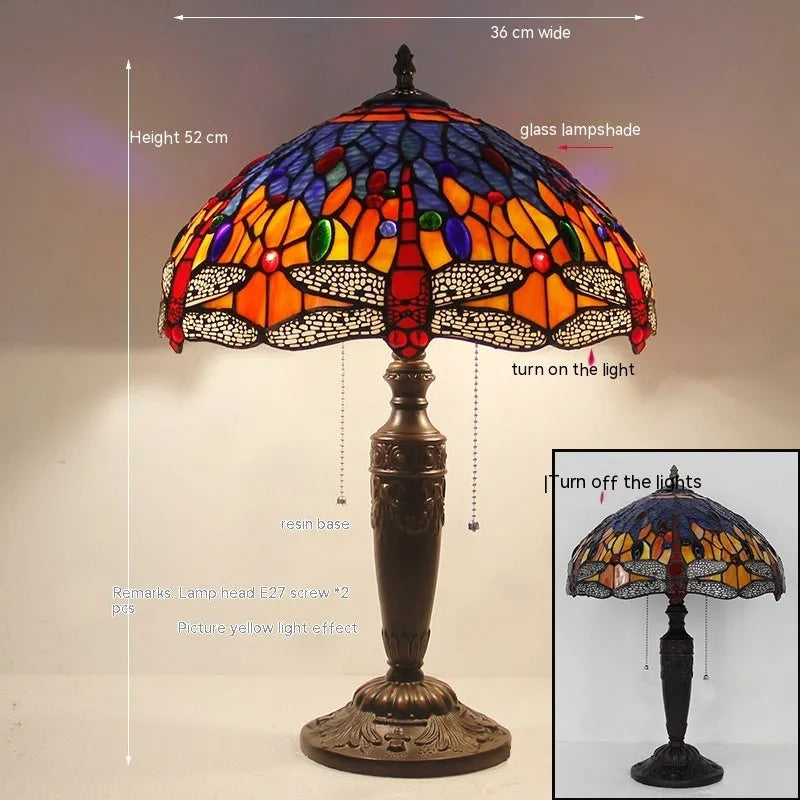 European style stone table lamp with dragonfly motif in blue finish, 30cm height