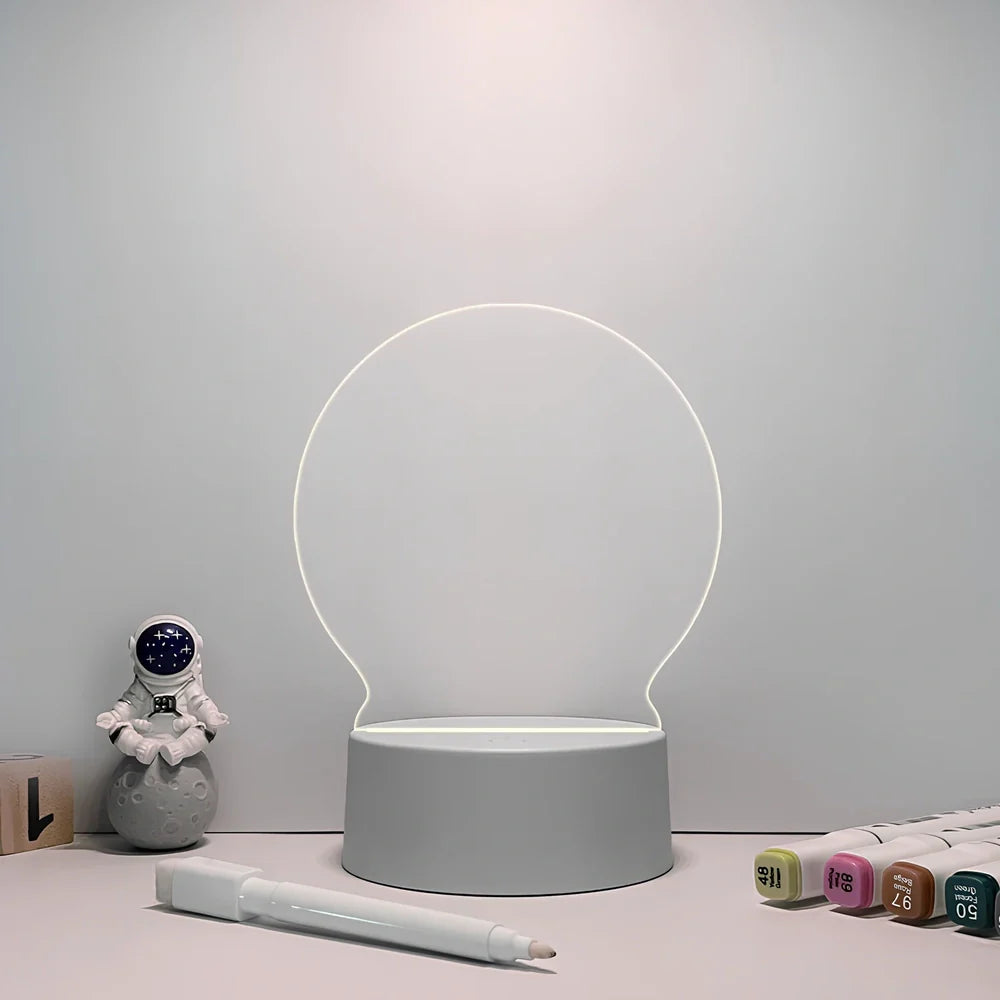 USB message board night lamp with round, rectangular and heart-shaped picture frames on 10cm base