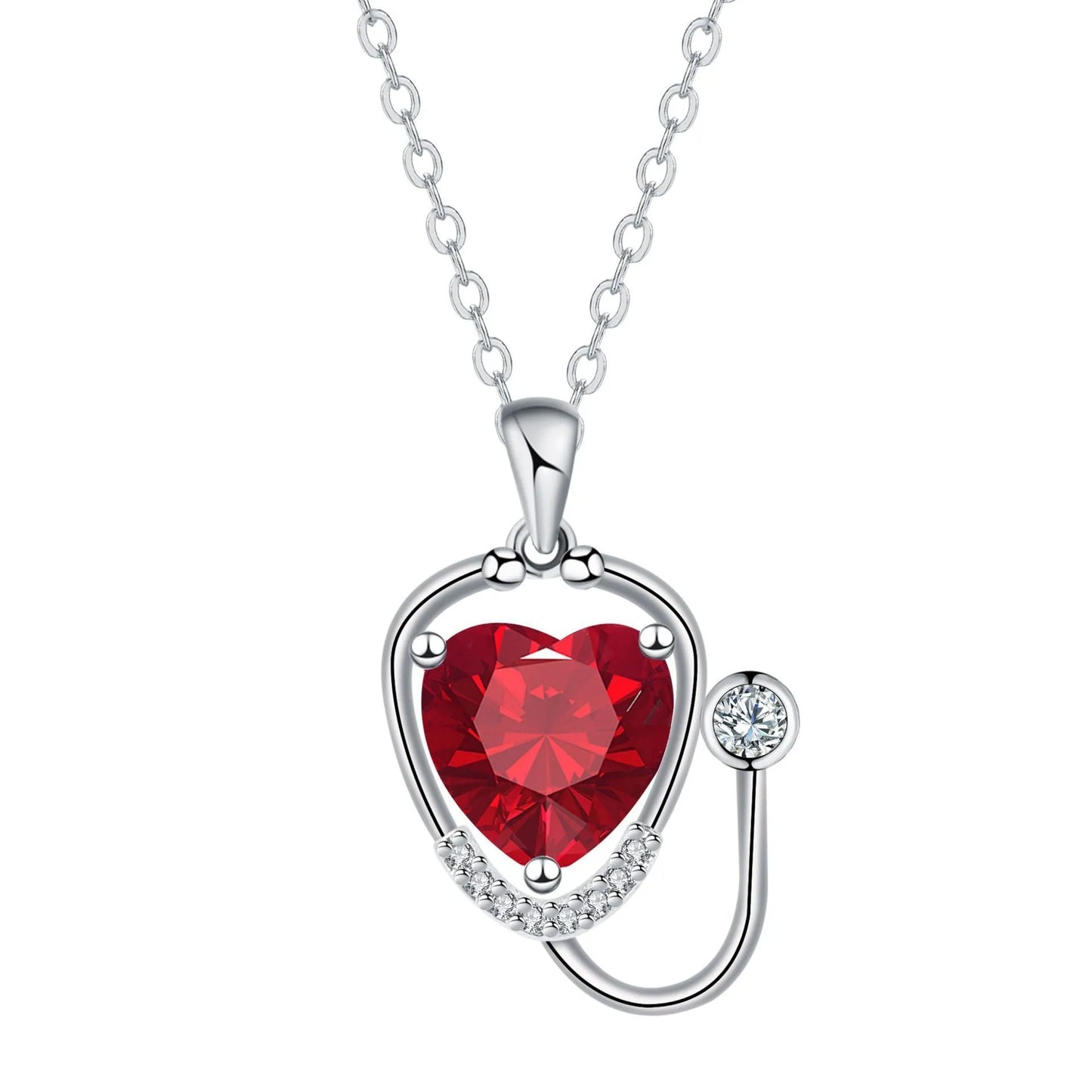 Red diamond wings cross stethoscope pendant necklace on a copper chain.