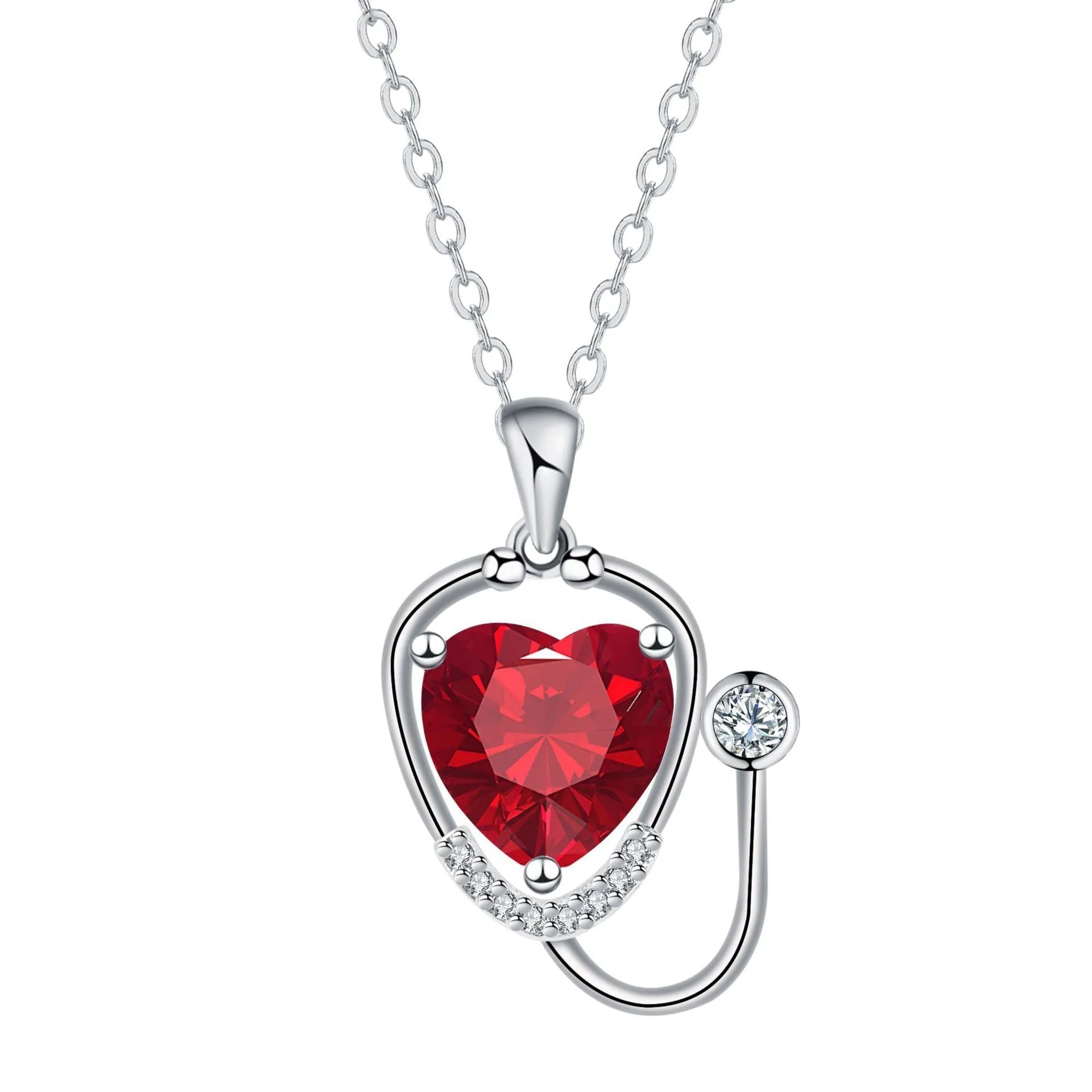 Red diamond wings cross stethoscope pendant necklace on a copper chain.